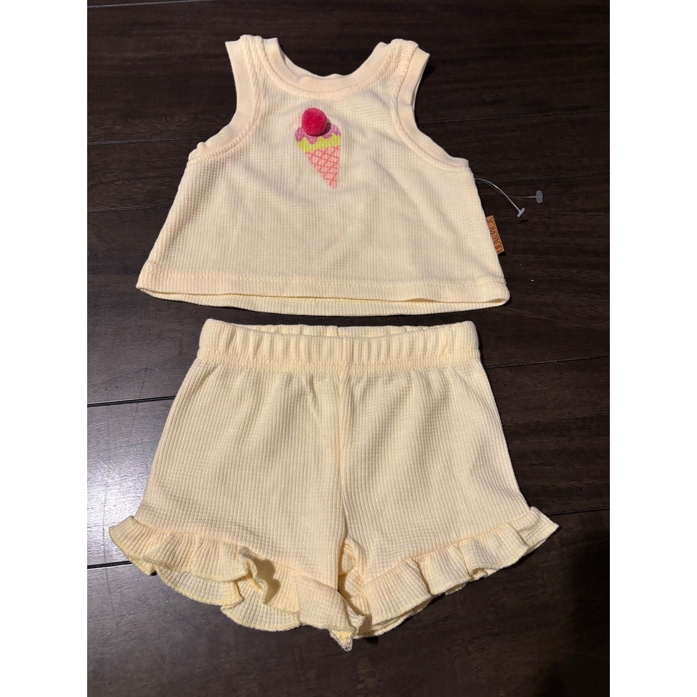 Lila & Jack Baby Waffle Knit Ice Cream Tank and Ruffle Shorts Set Yellow 3-6M